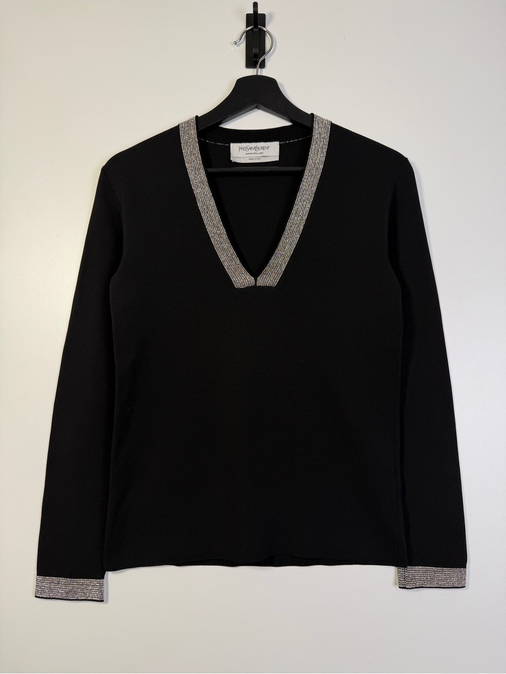 Yves Saint Laurent Metallic Trim V-Neck Knit Sweater XS Black Silver